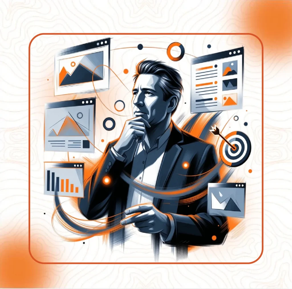 An illustration of a businessman analyzing data screens, graphs, and charts, representing advertising campaign reports that show clear results for our clients.