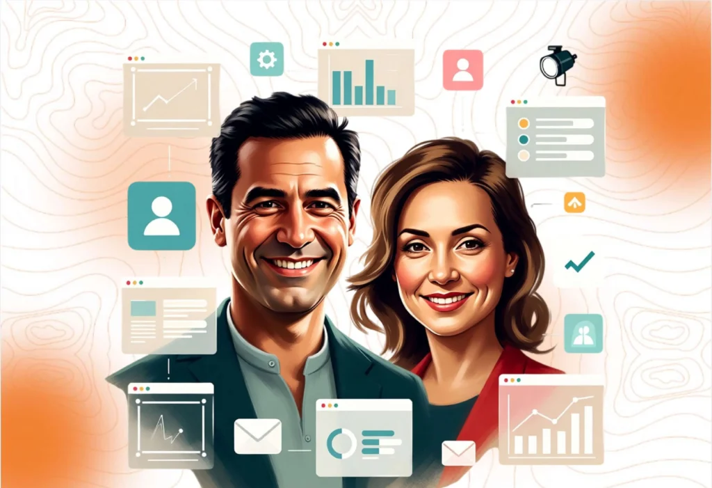 Illustration of two smiling business professionals surrounded by data analytics, symbolizing sustained strategic effort following a successful event.