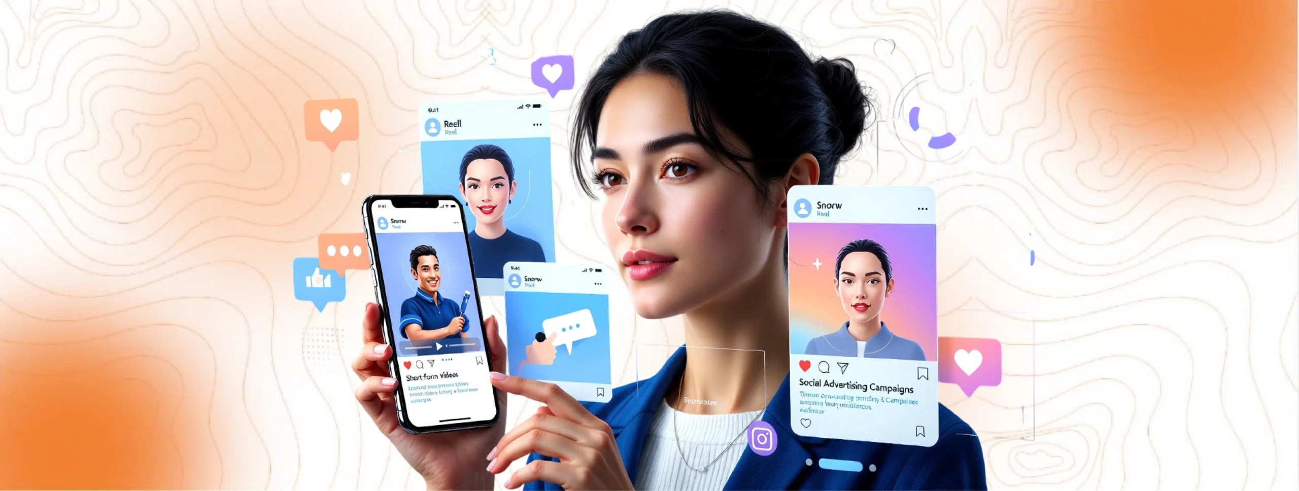 An illustration of a woman interacting with multiple social media screens and icons, representing the best social advertising campaigns for modern audiences.