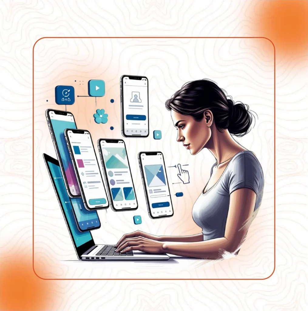 An illustration of a woman working on a laptop with multiple smartphone screens popping out, representing how we create digital experiences beyond just basic apps.