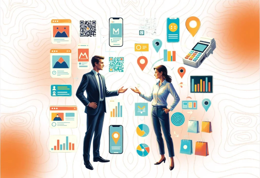 Illustration of two business consultants discussing integrated digital and physical business strategies, surrounded by e-commerce and branding icons.