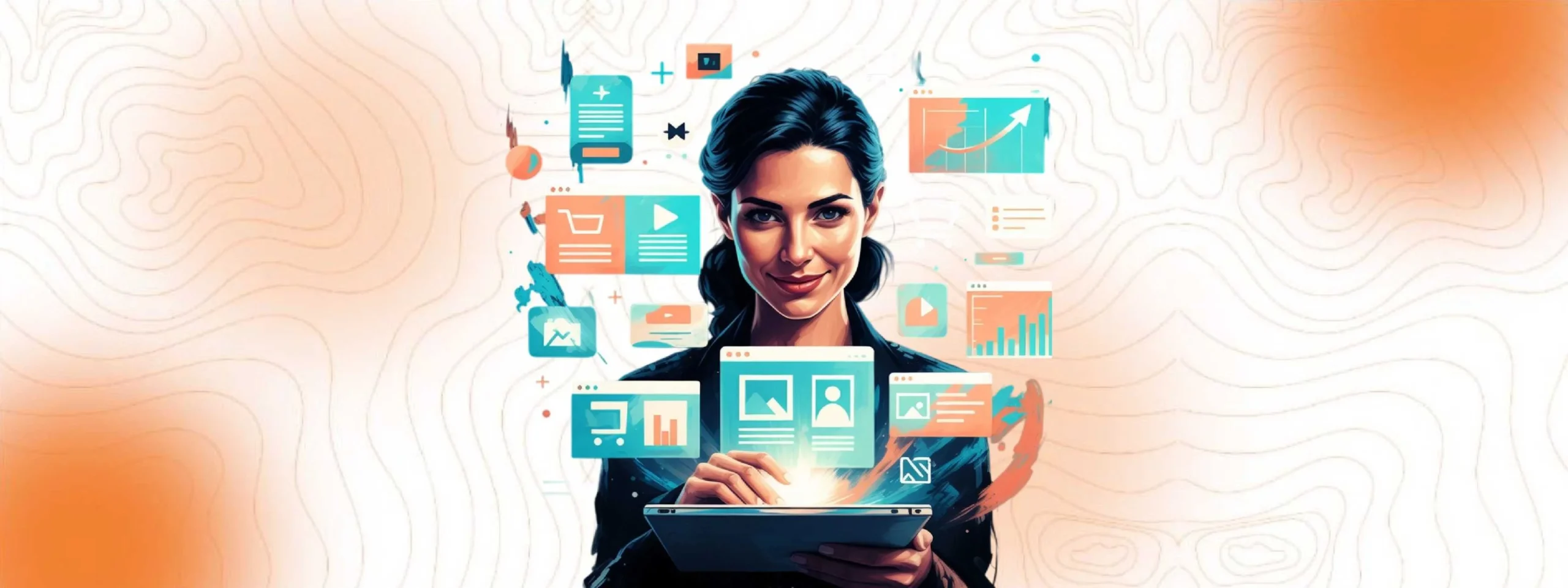 Illustration of a businesswoman interacting with a tablet, visualizing streamlined workflows and clear digital processes.