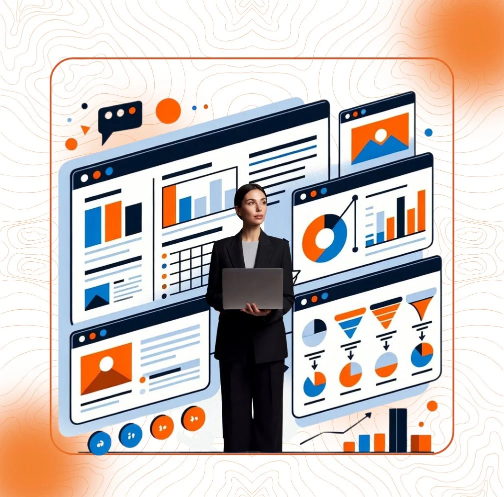 An illustration of a businesswoman analyzing data screens and graphs, representing data-driven content marketing and development strategies.