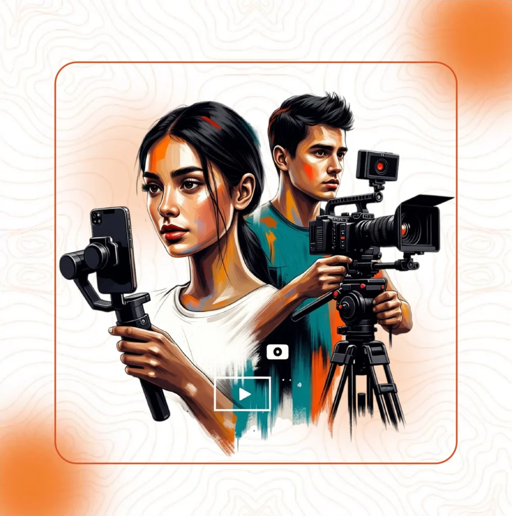 An illustration of a man using a professional video camera on a tripod and a woman using a smartphone on a gimbal, representing modern content production services.