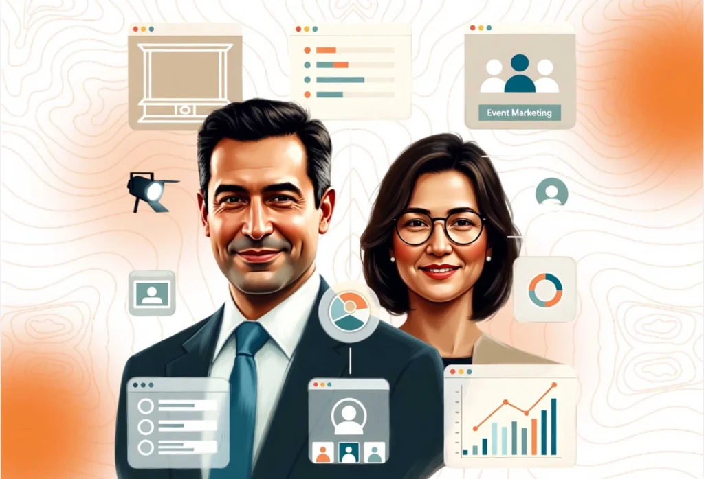 Illustration of two business professionals surrounded by event marketing and data icons, symbolizing meticulous planning and attention to detail.