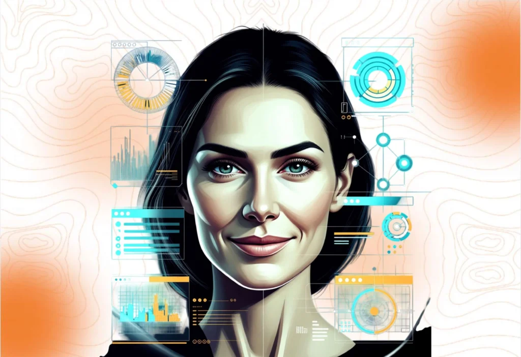 An illustration of a woman's face surrounded by data visualizations and digital interfaces, representing technology created for people, built for tomorrow. Caption
