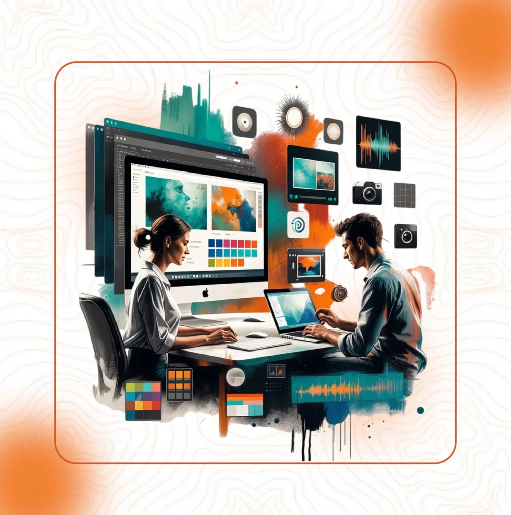 An illustration of a professional film crew, a man with a video camera on a tripod and a woman with a smartphone on a gimbal, representing creative production services.