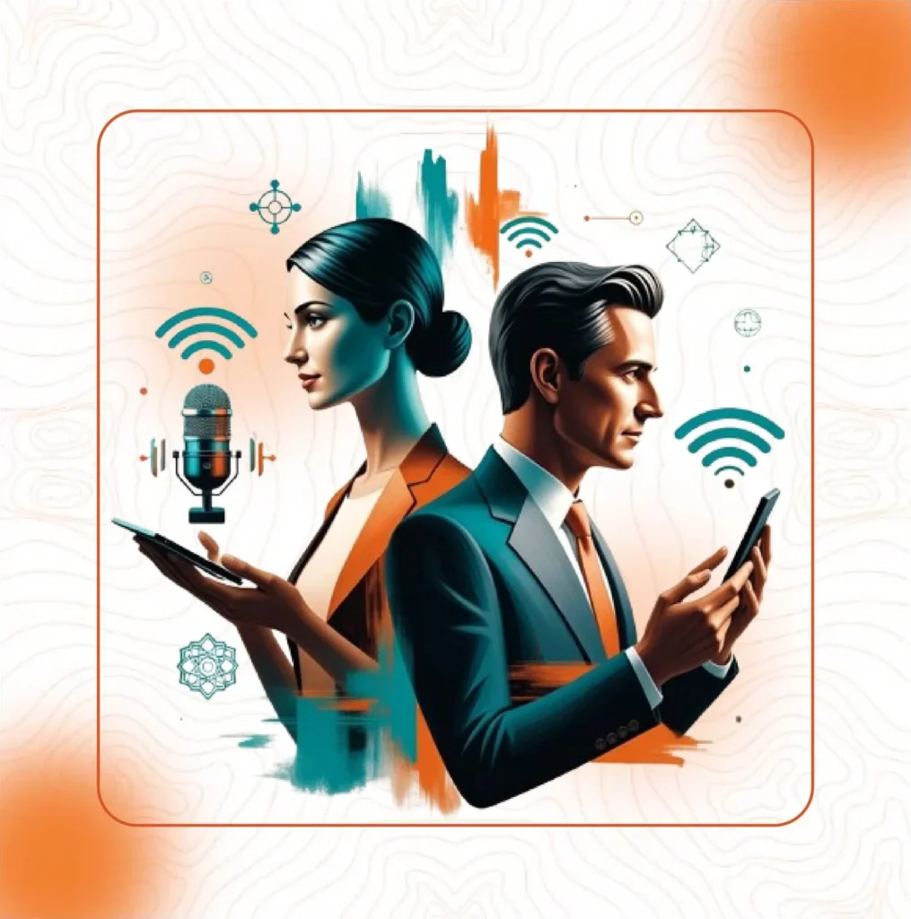 An illustration of a man and a woman in professional attire with mobile devices, surrounded by a vintage microphone and WiFi symbols, representing how culture meets communication in a modern, connected world.