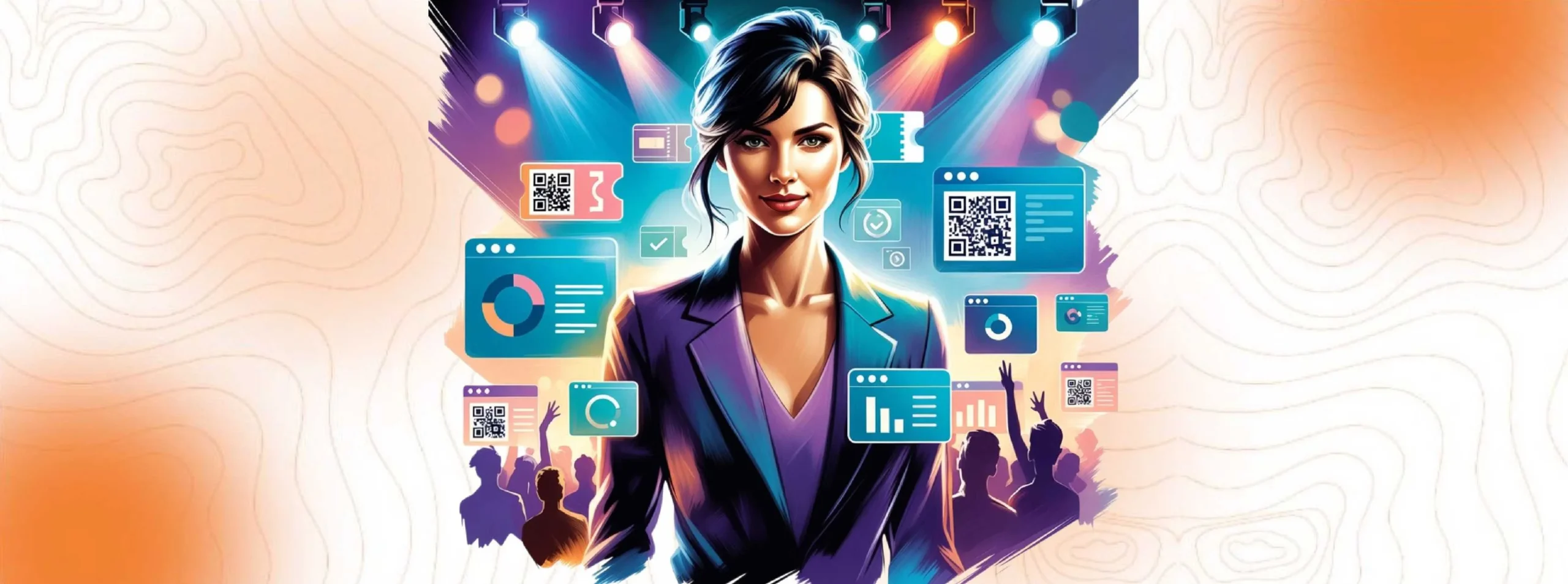 Illustration of a confident businesswoman at an event, surrounded by QR codes and data, symbolizing audience connection and engagement.