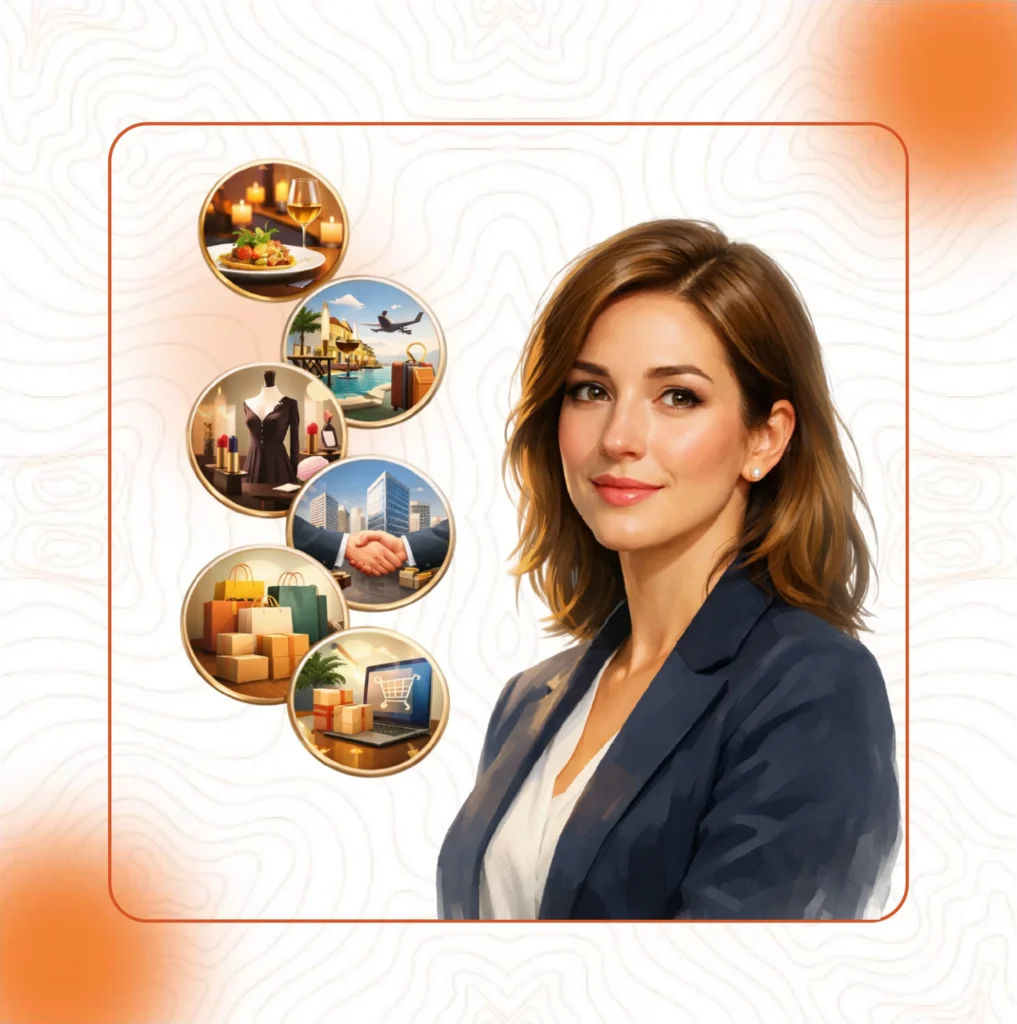 An illustration of a businesswoman next to circular icons representing various industries we serve: dining, travel, retail, real estate, and e-commerce.