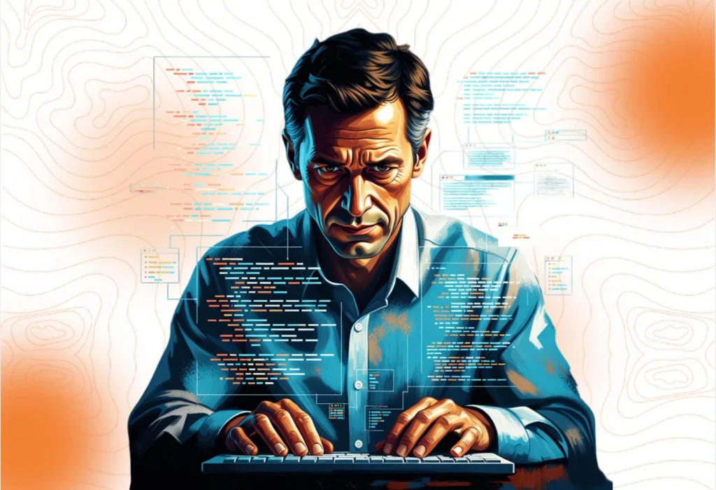 An illustration of a focused male developer working on code at a computer, with multiple screens and data interfaces floating around him, representing innovation through collaboration and integrated systems.