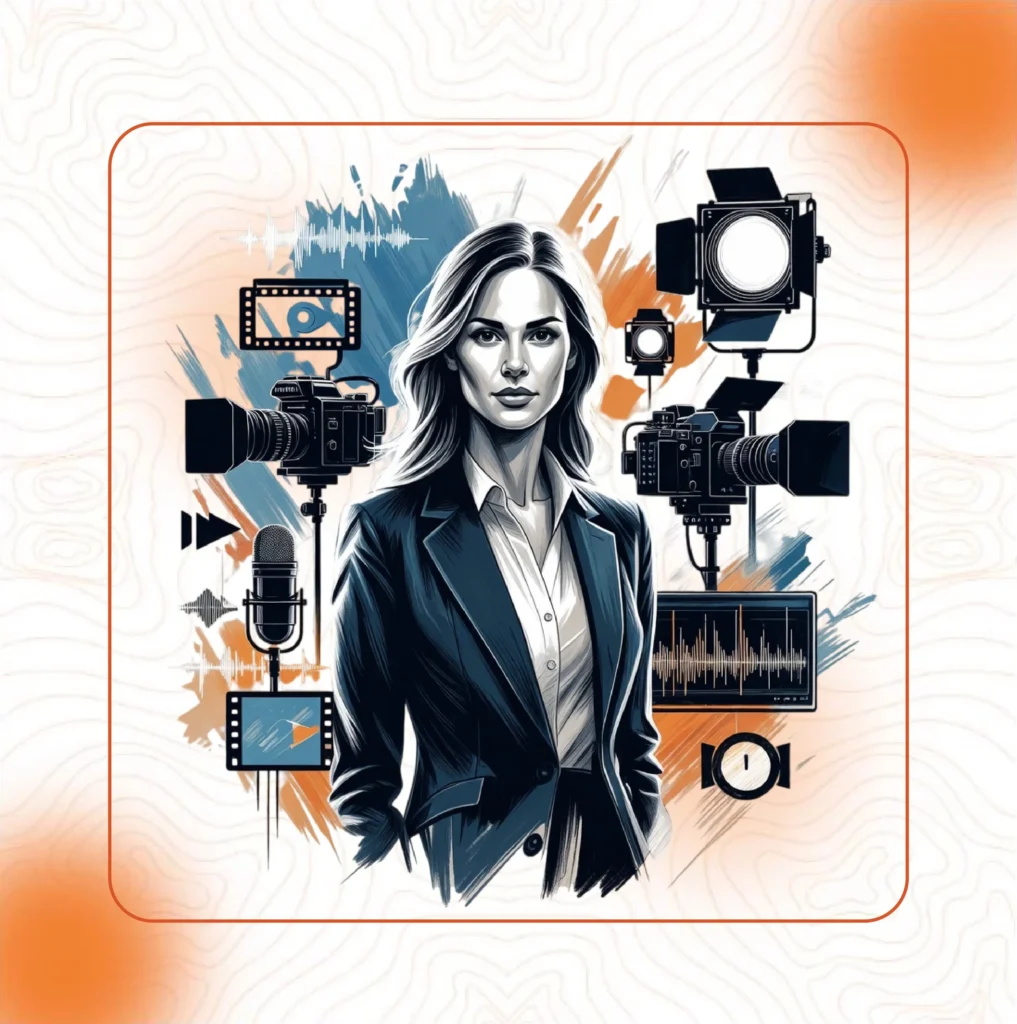 An illustration of a woman surrounded by professional film equipment, including cameras, lights, and a microphone, representing comprehensive media production services.