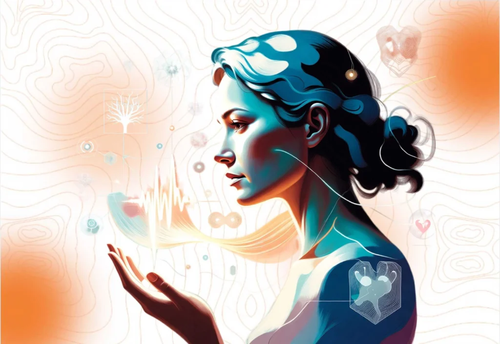 Illustration of a woman holding glowing data and biological symbols (brain, heart monitor, connectivity), symbolizing emotionally intelligent innovation.