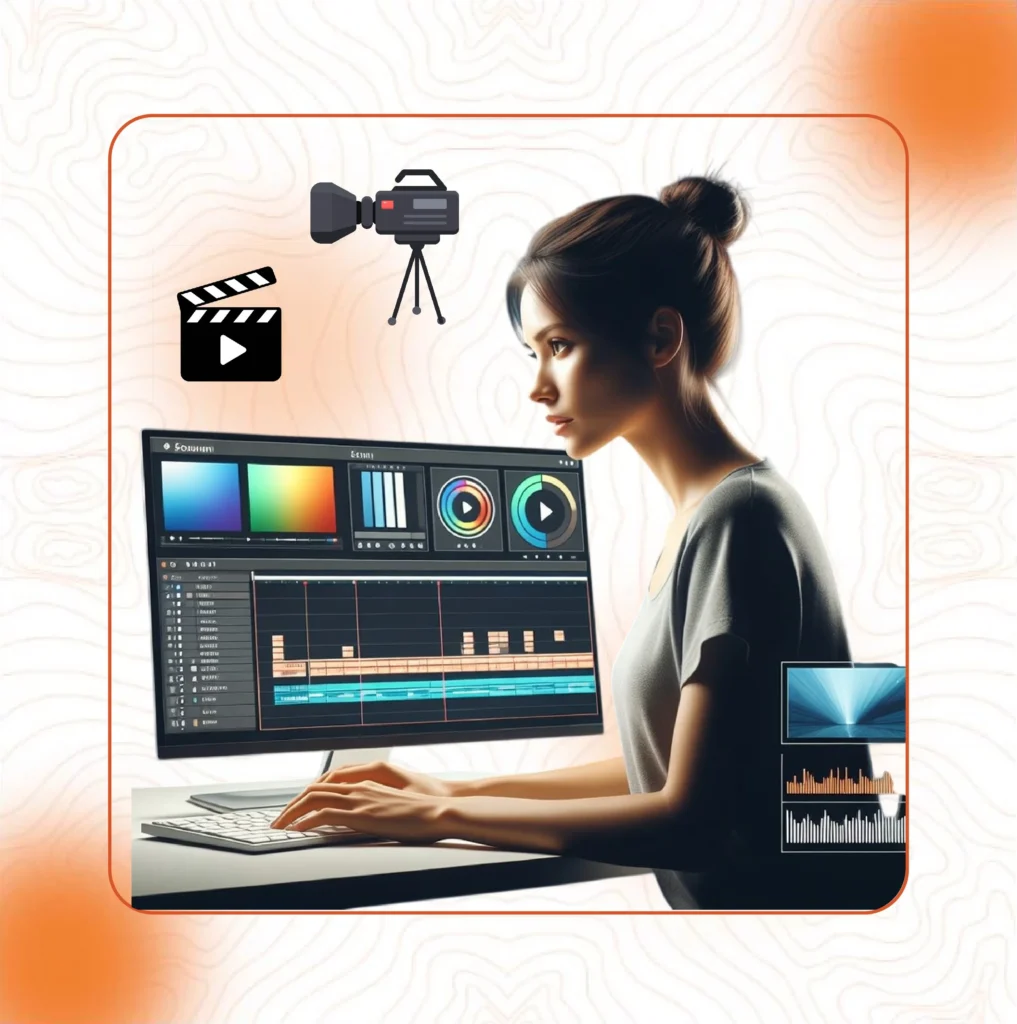 An illustration of a video editor working at a computer with professional editing software, a clapperboard icon, and a video camera icon, representing our approach to production services.
