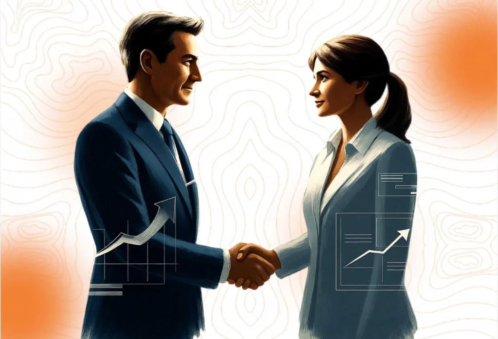 Illustration of a businessman and businesswoman shaking hands with rising graphs overlaid, symbolizing strong, long-term business partnerships and growth.