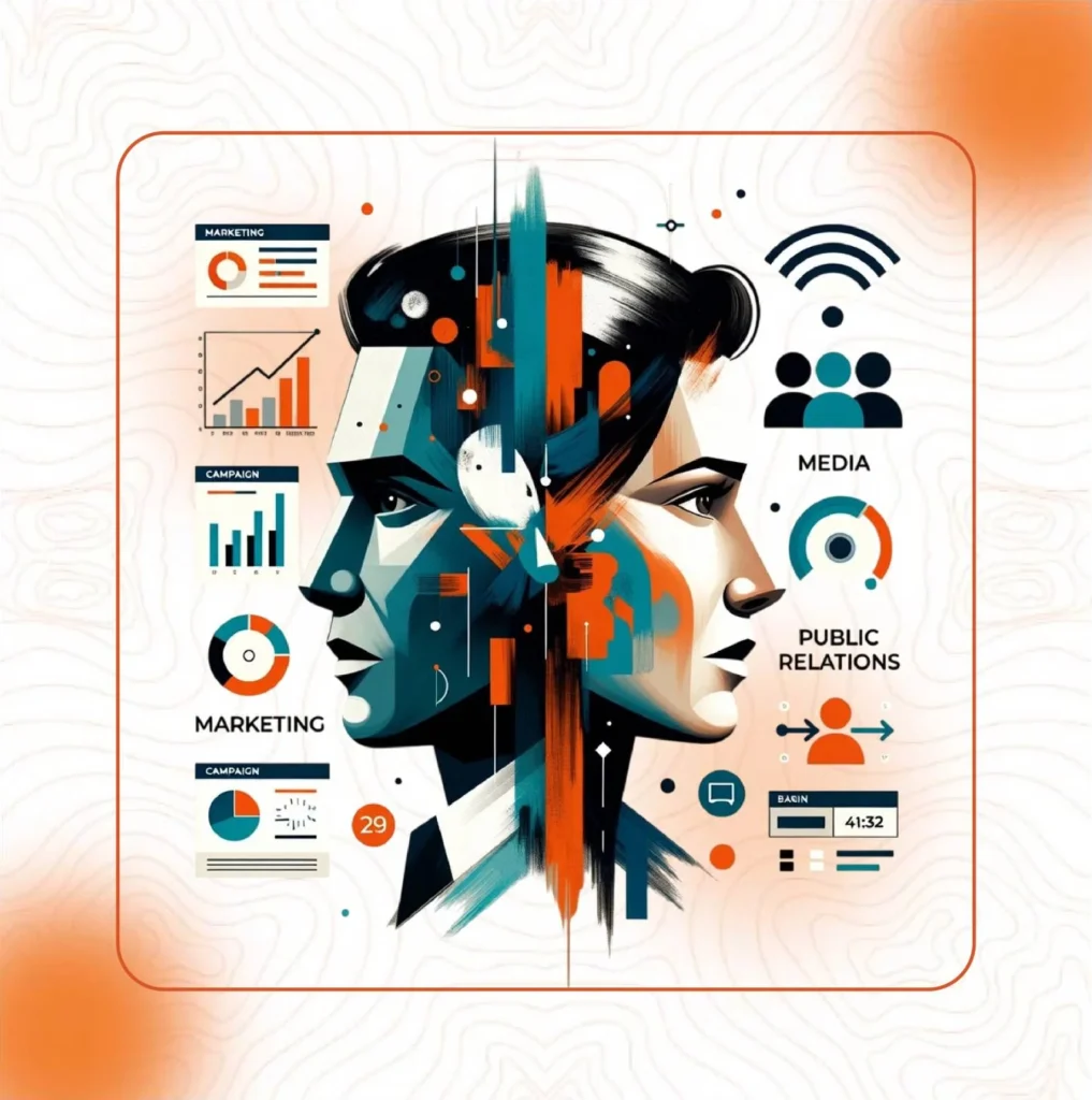 An illustration of a man and woman surrounded by icons for public relations (PR), media, marketing campaigns, and data, representing PR and marketing as the perfect partnership.