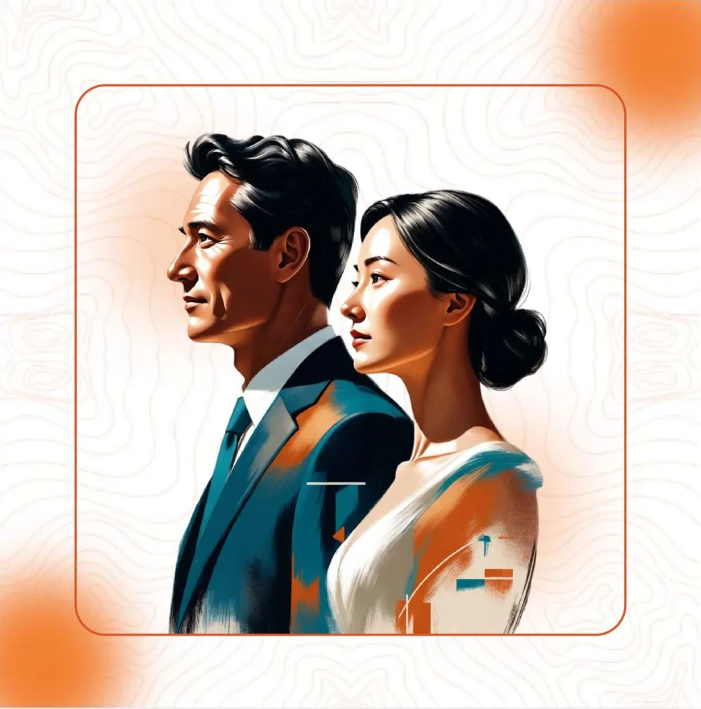 An illustration of a man and a woman in professional attire looking forward, representing a public relations company with purpose and forward-thinking leadership.