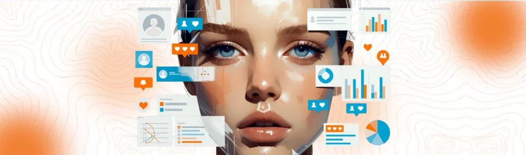 An artistic illustration of a woman's face surrounded by social media logos, data visualizations, and message icons, representing creative campaigns that spark conversations and produce memorable moments.