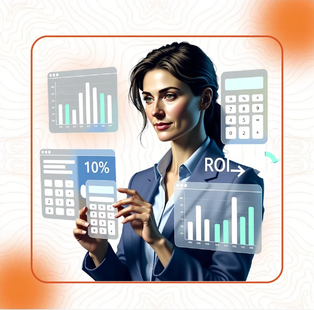 An illustration of a woman interacting with floating calculators and data screens, representing the use of a smart budget for advertising campaigns and calculating ROI.