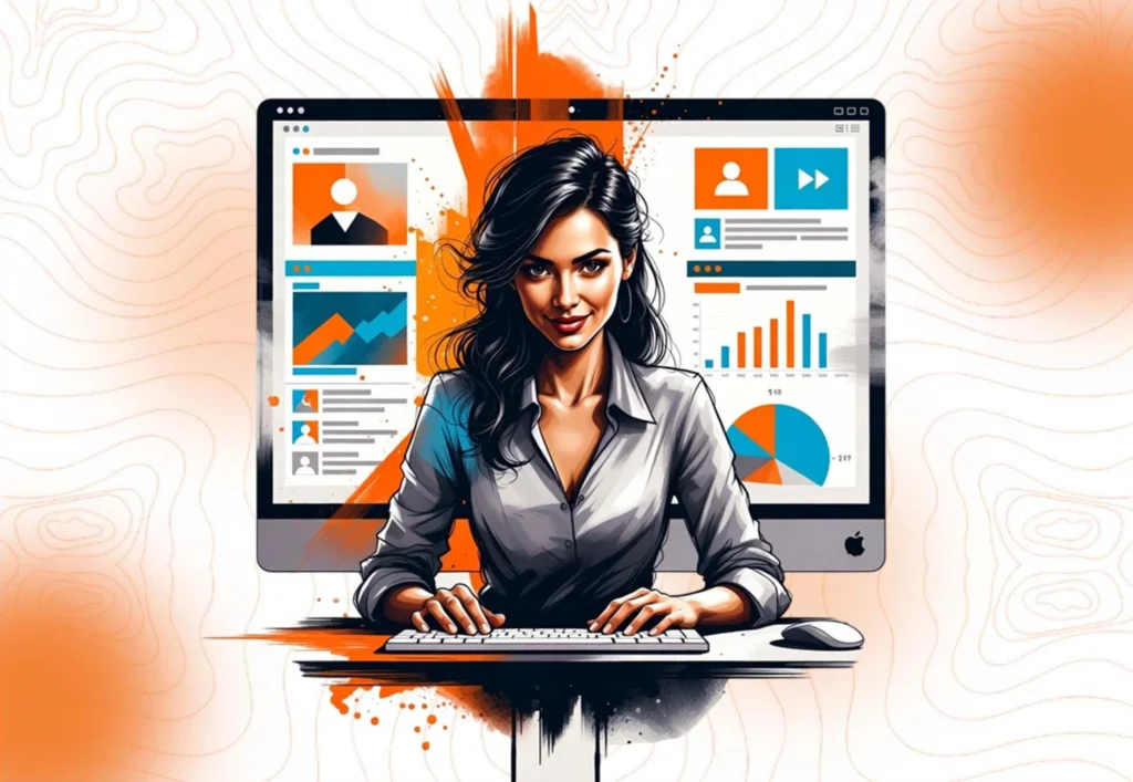 An illustration of a woman analyzing data and profiles on a computer screen, representing the strategic planning required to start your brand identity journey.