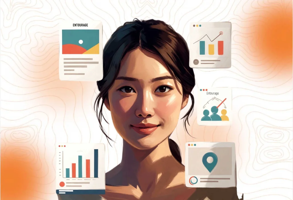 Illustration of a businesswoman focused on a tablet, surrounded by data and analytics, symbolizing strategic planning and business foundations.