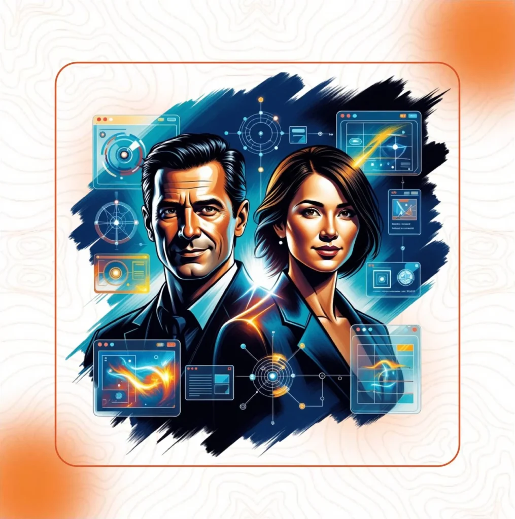 An illustration of a man and a woman in professional business attire, surrounded by floating digital interfaces, data points, and network connections, representing technology elevated to a new level.