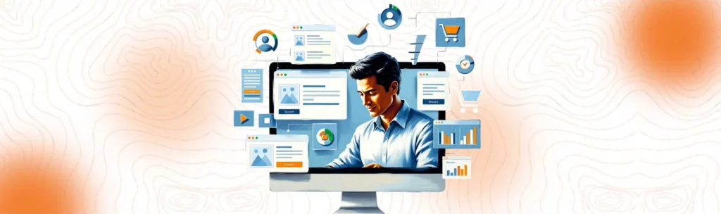 Illustration of a software developer working on a desktop computer, surrounded by interface designs and data, symbolizing web application development.