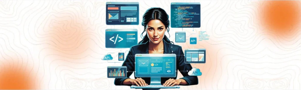 An illustration of a female developer working on a computer screen surrounded by code snippets, API icons, and website layouts, representing expert web application development services.