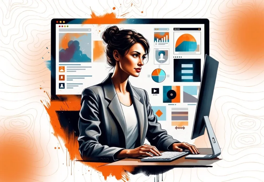 An illustration of a businesswoman analyzing website data and content layouts on a computer screen, representing professional website content writing services.