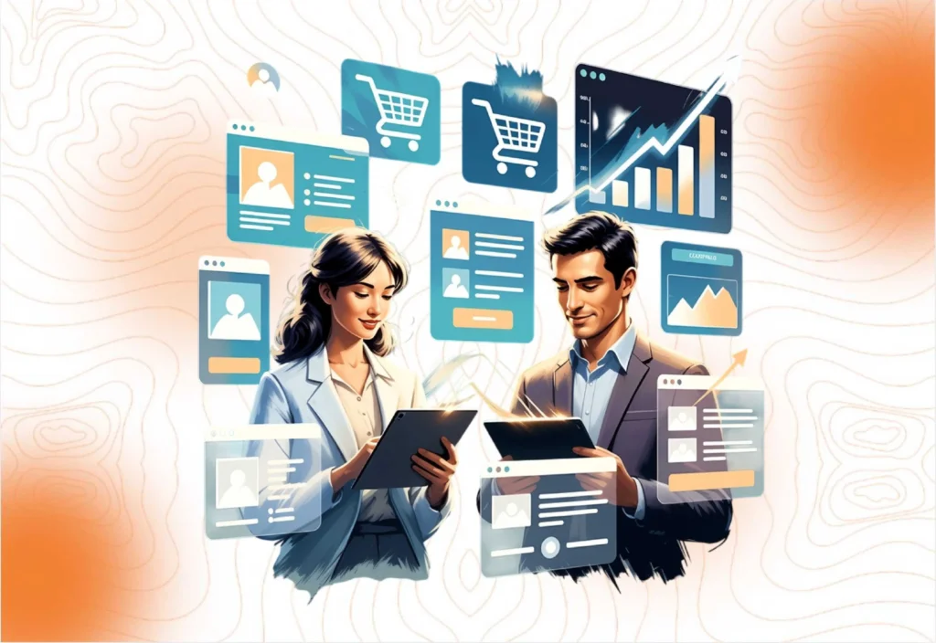 Illustration of business professionals using tablets, surrounded by e-commerce icons and analytics, symbolizing successful e-store activation strategies.