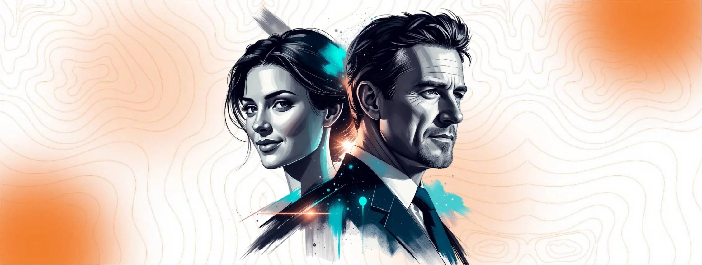 An illustration of a man and a woman in professional attire standing back-to-back, overlaid with abstract digital design elements, representing the balance of when function meets emotion in digital development.