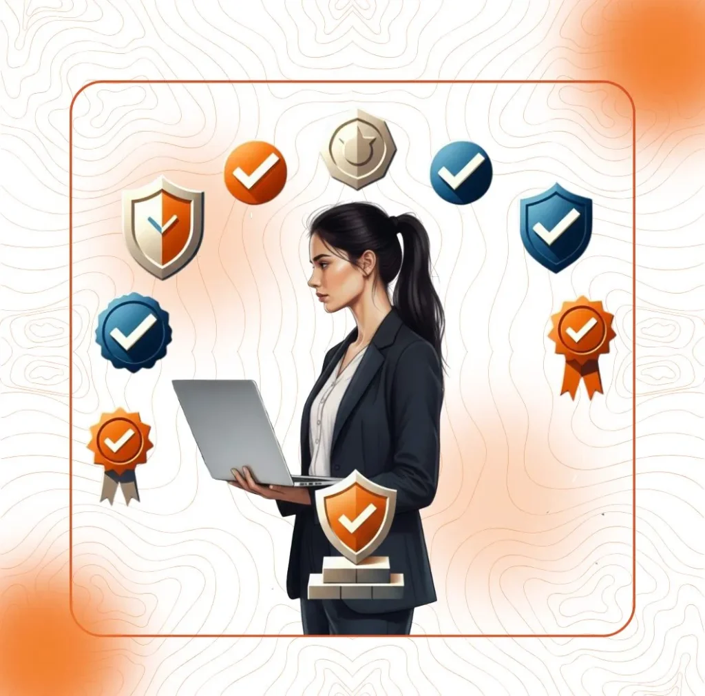 An illustration of a businesswoman with a laptop surrounded by shields, badges, and check marks, representing the reliable services and trustworthiness of Matriarchs Media.