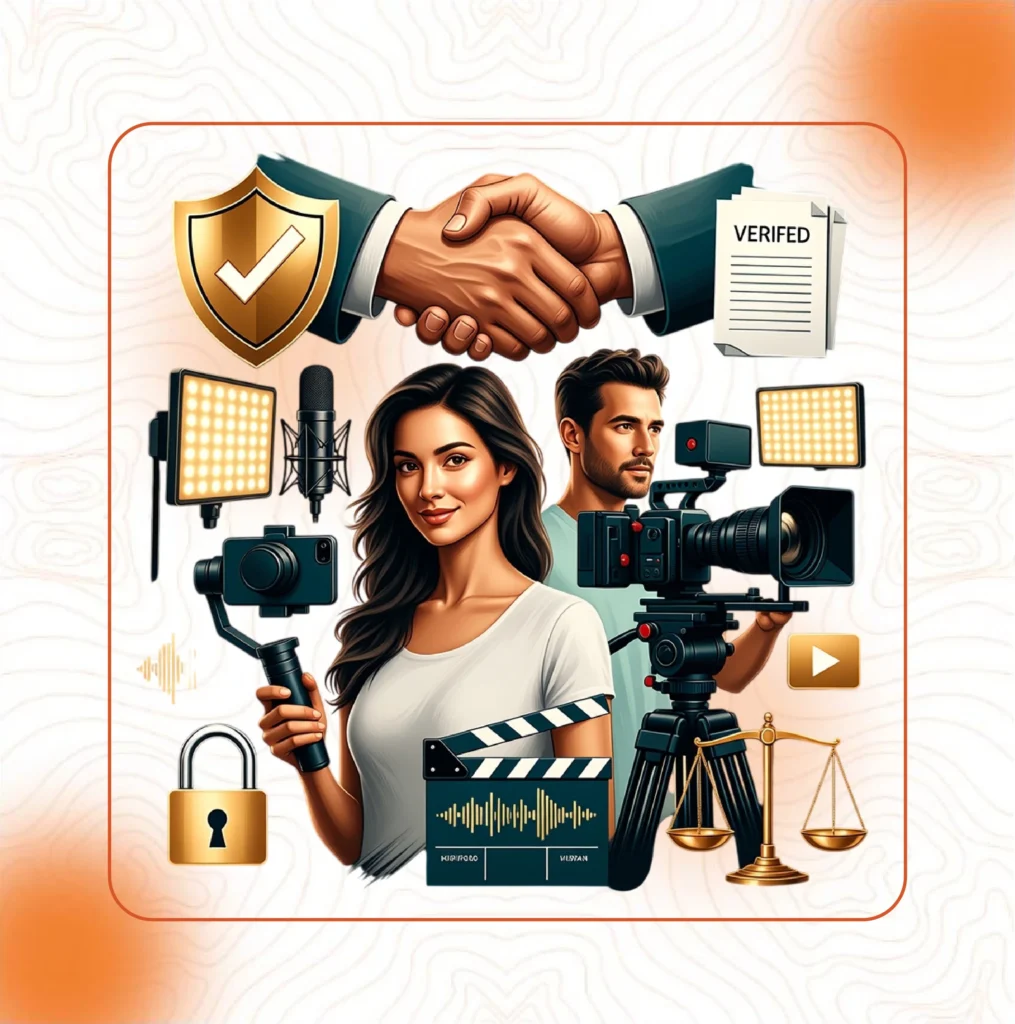 An illustration featuring a handshake, a shield, and a verified document alongside a film crew and equipment, visually explaining why choose Matriarchs Media for production services based on trust and verified quality.