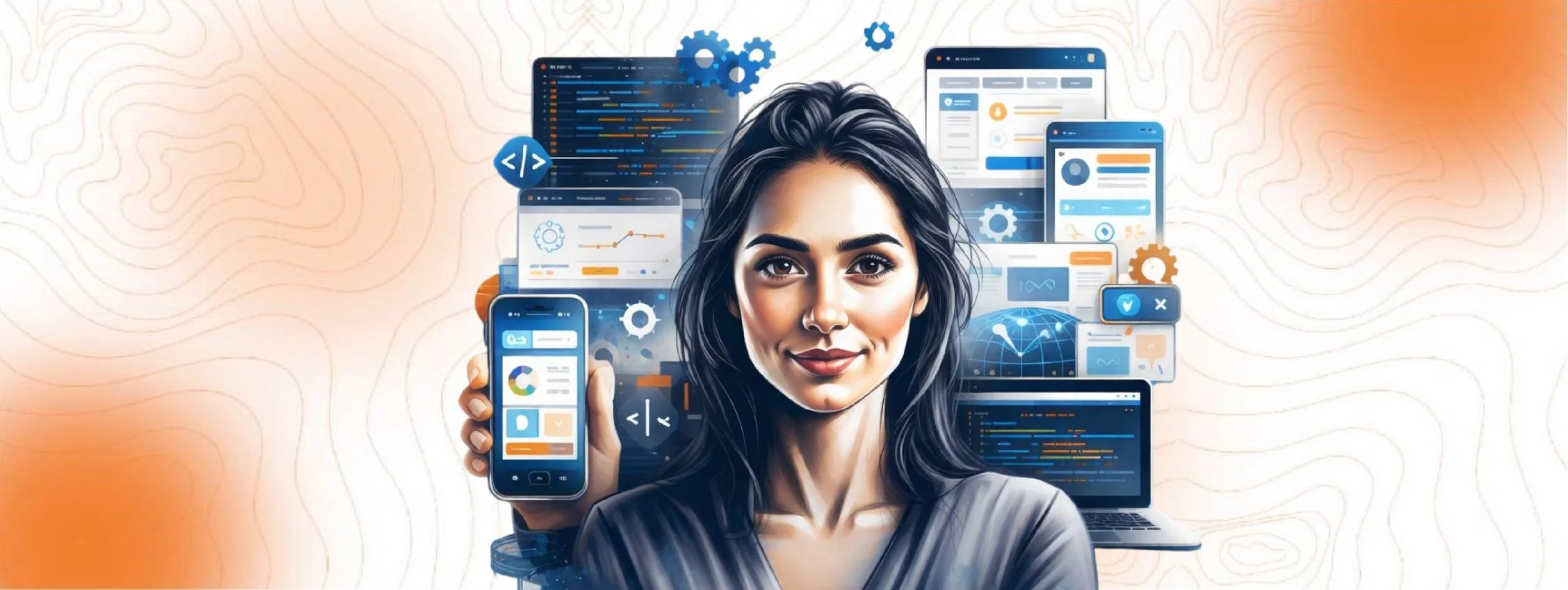 An illustration of a knowledgeable woman surrounded by screens showing code, app interfaces, and data visualizations, representing the expertise of our web and app development company.