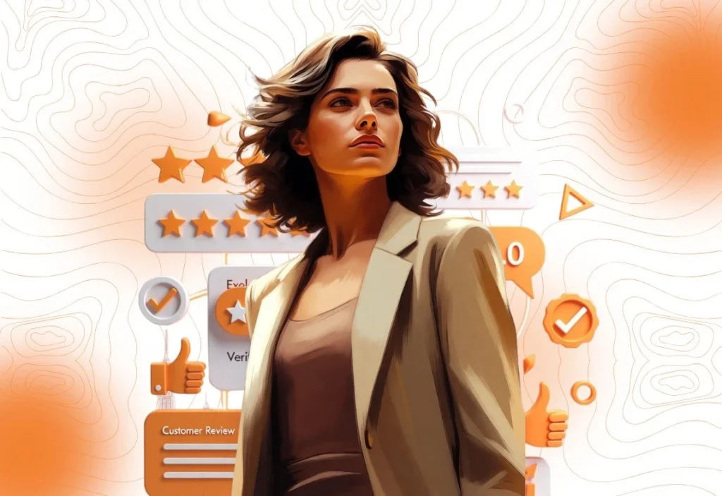 An illustration of a confident businesswoman surrounded by customer review icons, star ratings, and verification badges, representing purposeful choices and service quality.