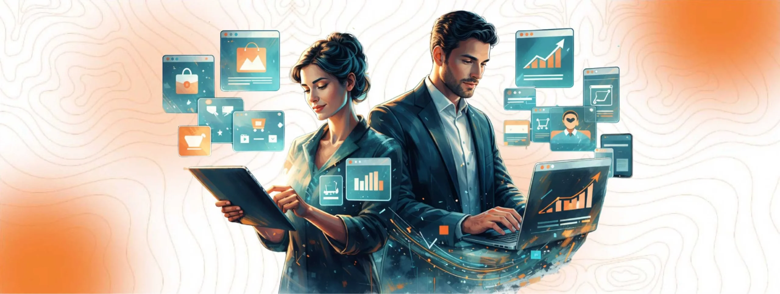 Illustration of business professionals interacting with digital interfaces, symbolizing the human element of building trust in technology and branding.