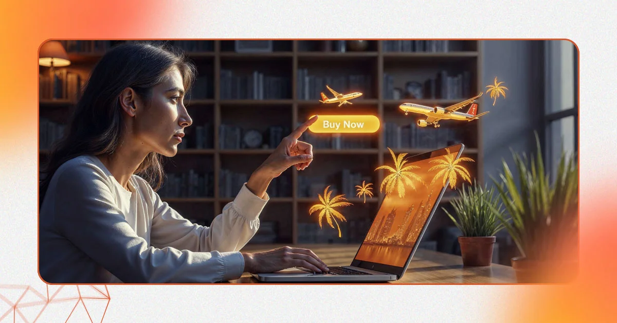 A woman interacts with a laptop interface showing airplanes and palm trees, symbolizing successful marketing in Dubai strategies that drive high-conversion sales for travel and e-commerce businesses.