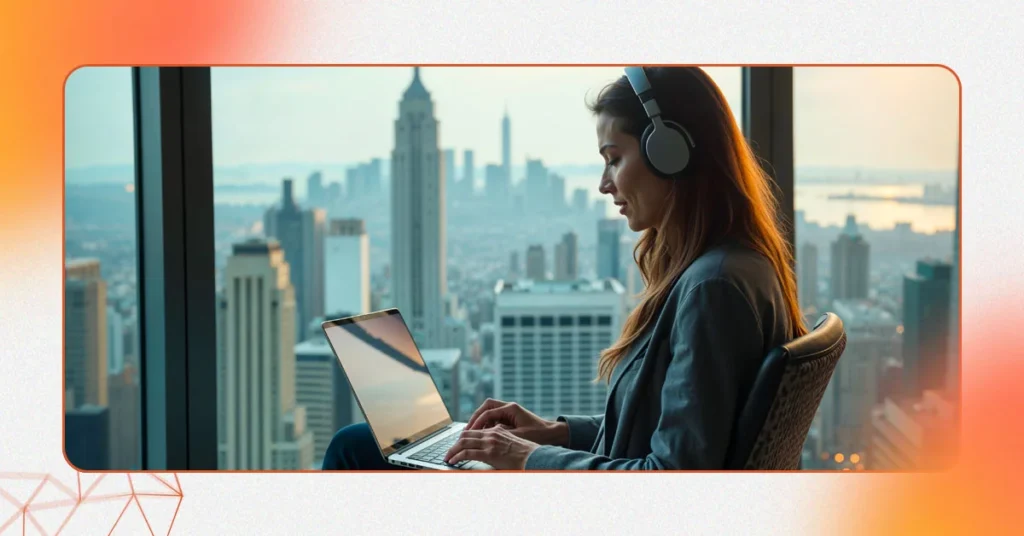 A digital marketing specialist with headphones on, actively working on a laptop with a city skyline view, symbolizing data-driven results for an e-commerce digital marketing agency.
