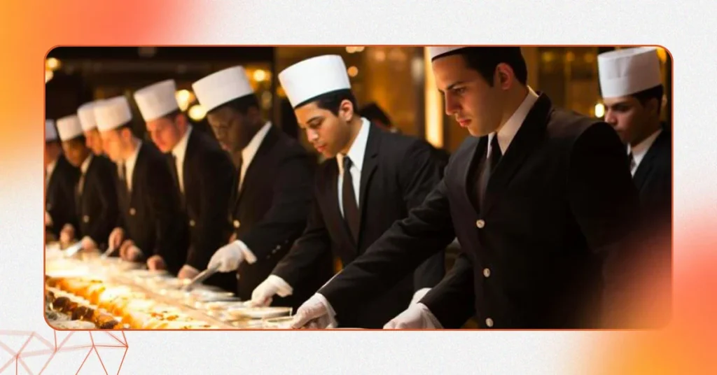Staff serving an Iftar dinner buffet in a Dubai hotel.