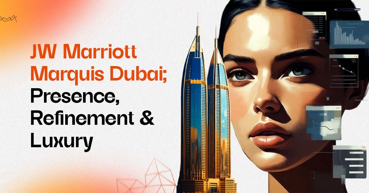 The iconic twin towers of the JW Marriott Marquis Hotel Dubai stand tall next to a professional woman's face interacting with data, capturing the hotel's essence of "Presence Refinement & Luxury" and highlighting its prominent skyline presence.