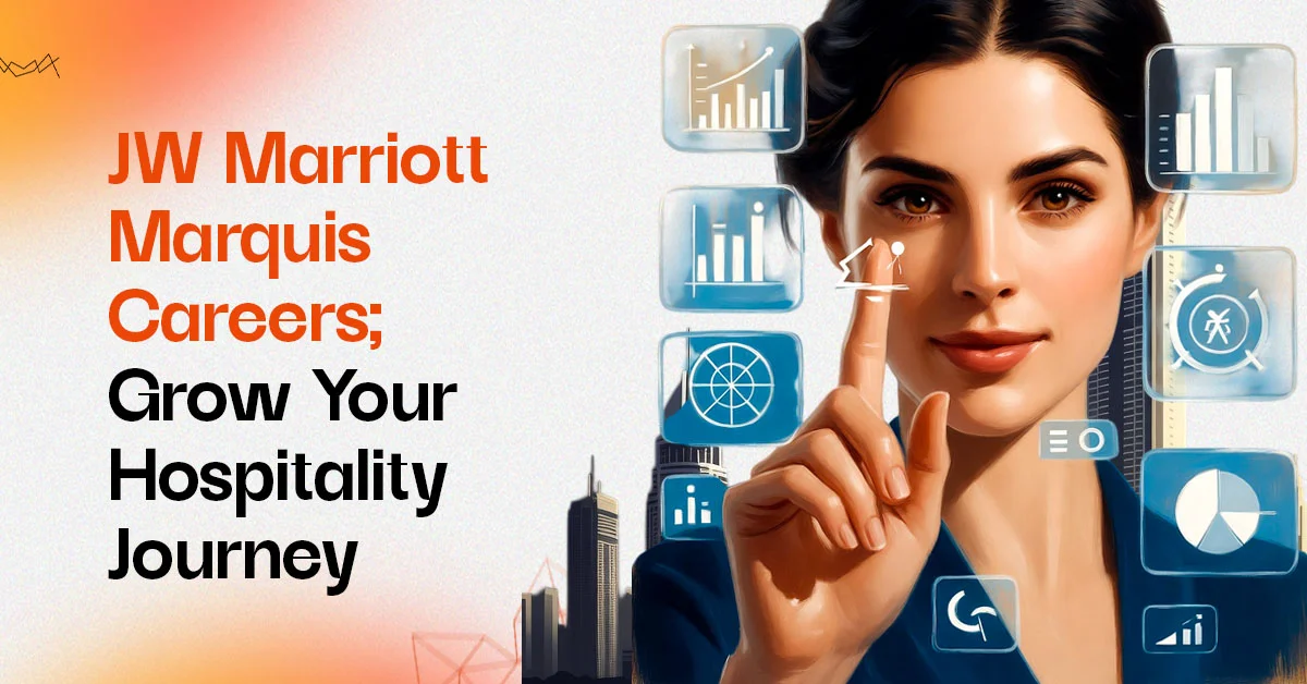 An artistic illustration of a woman in a business setting interacting with digital interface elements, representing the technological and professional opportunities available for jw marriott marquis careers at the jw marriott marquis hotel.