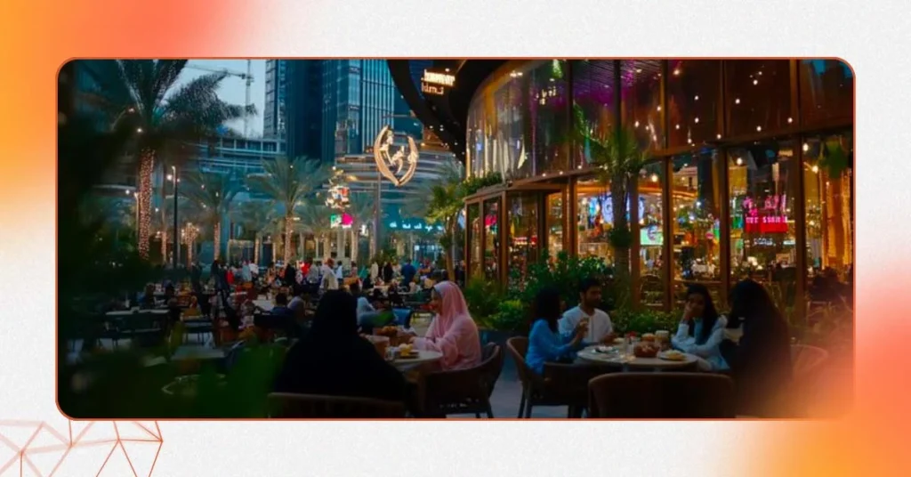 Open air restaurants in Dubai with skyline views.
