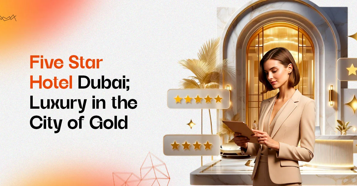 Five star hotel Dubai: Luxury lobby and gold stars.