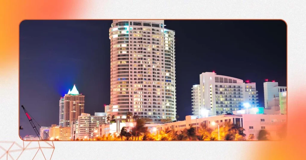 Luxury hotel apartments in Dubai at night city view.